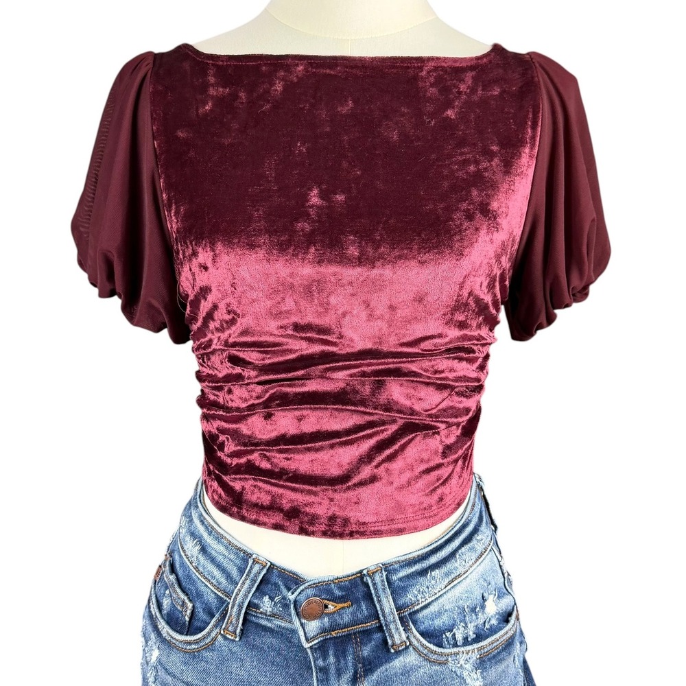 Free People Intimately Duvet Days Velvet Top Dark Red XS Open Back Puff Sleeve - Picture 1 of 12